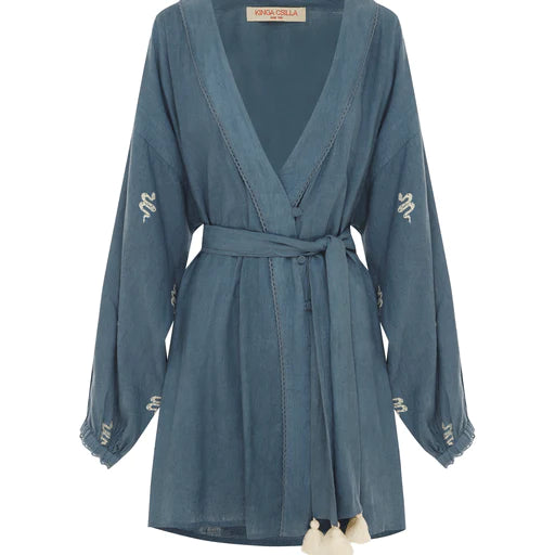 Kinga Csilla Serpentine Embroidered Linen Robe Dress
