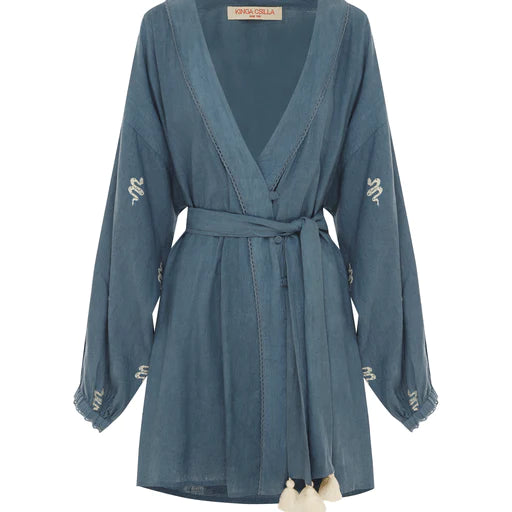 Kinga Csilla Serpentine Embroidered Linen Robe Dress FINAL SALE