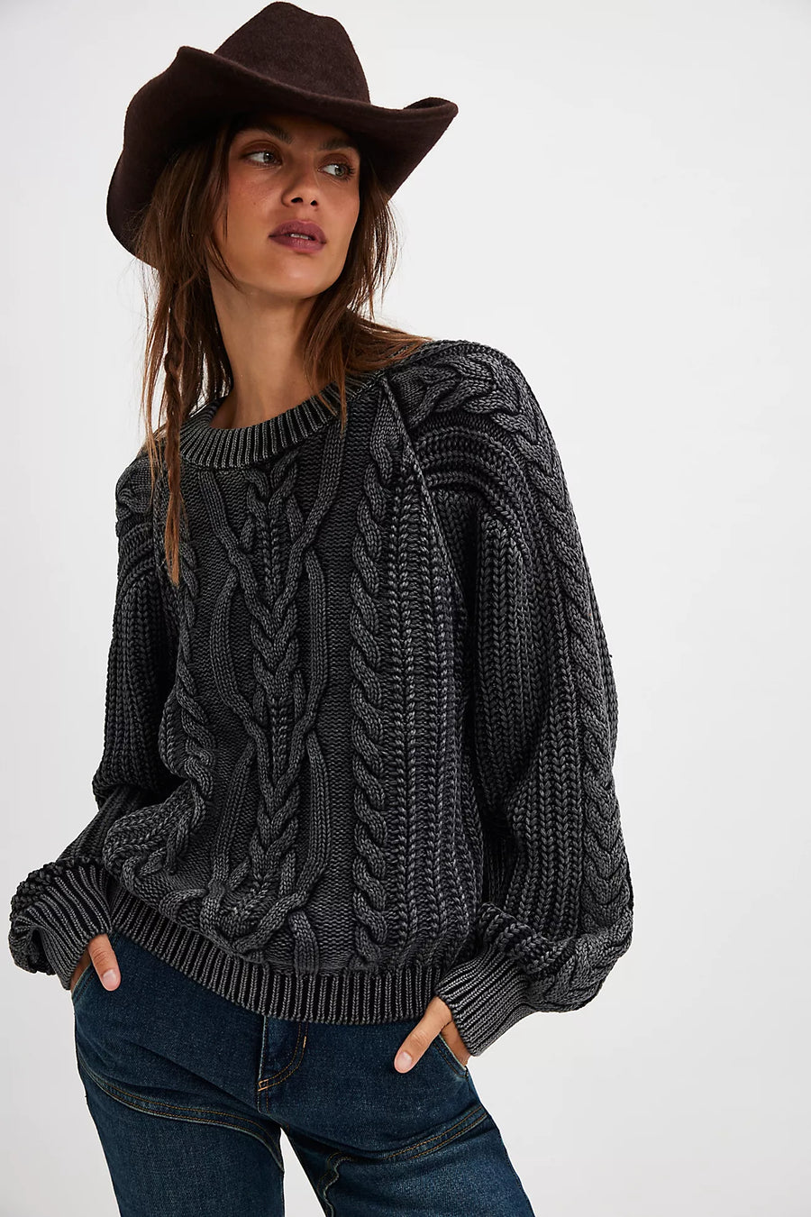 Free People Frankie Cable Knit Sweater - Onyx