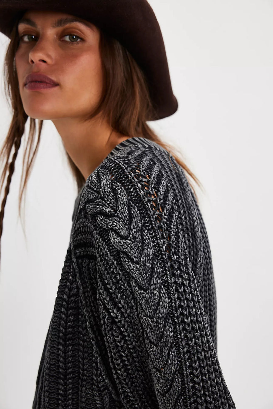 Free People Frankie Cable Knit Sweater - Onyx