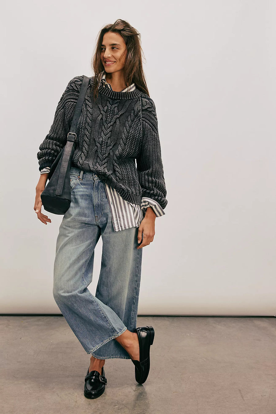Free People Frankie Cable Knit Sweater - Onyx