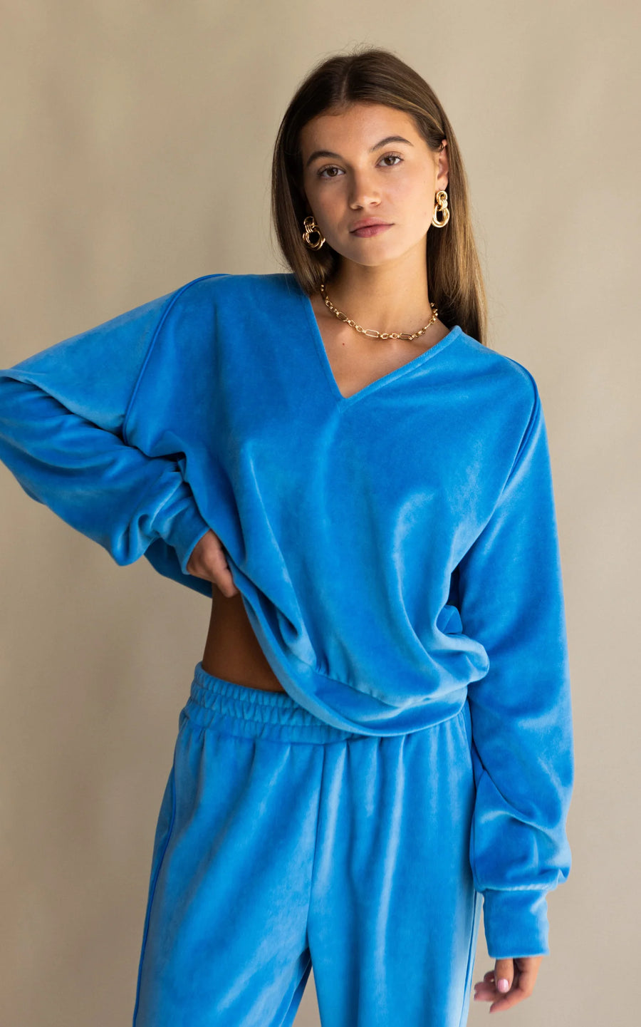 Araminta James Velour Piping Sweatshirt - Dusty Blue