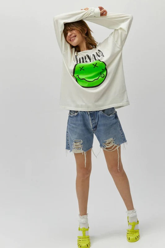 Daydreamer Nirvana Smiley Long Sleeve Merch Tee - Vintage White