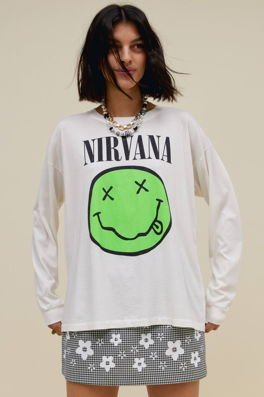 Daydreamer Nirvana Smiley Long Sleeve Merch Tee - Vintage White