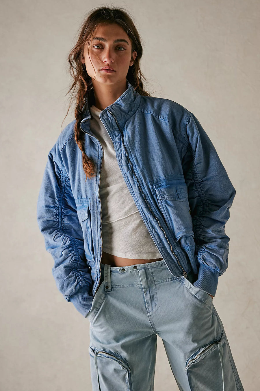 Free People Flying High Bomber - Denim Grey