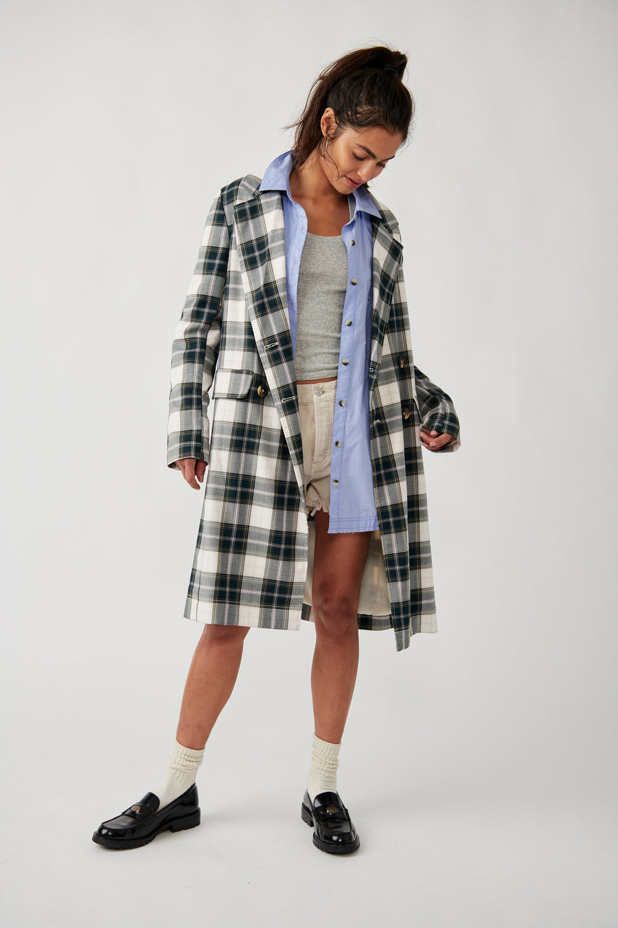 Free People Freddie Longline Blazer Plaid - Green Plaid