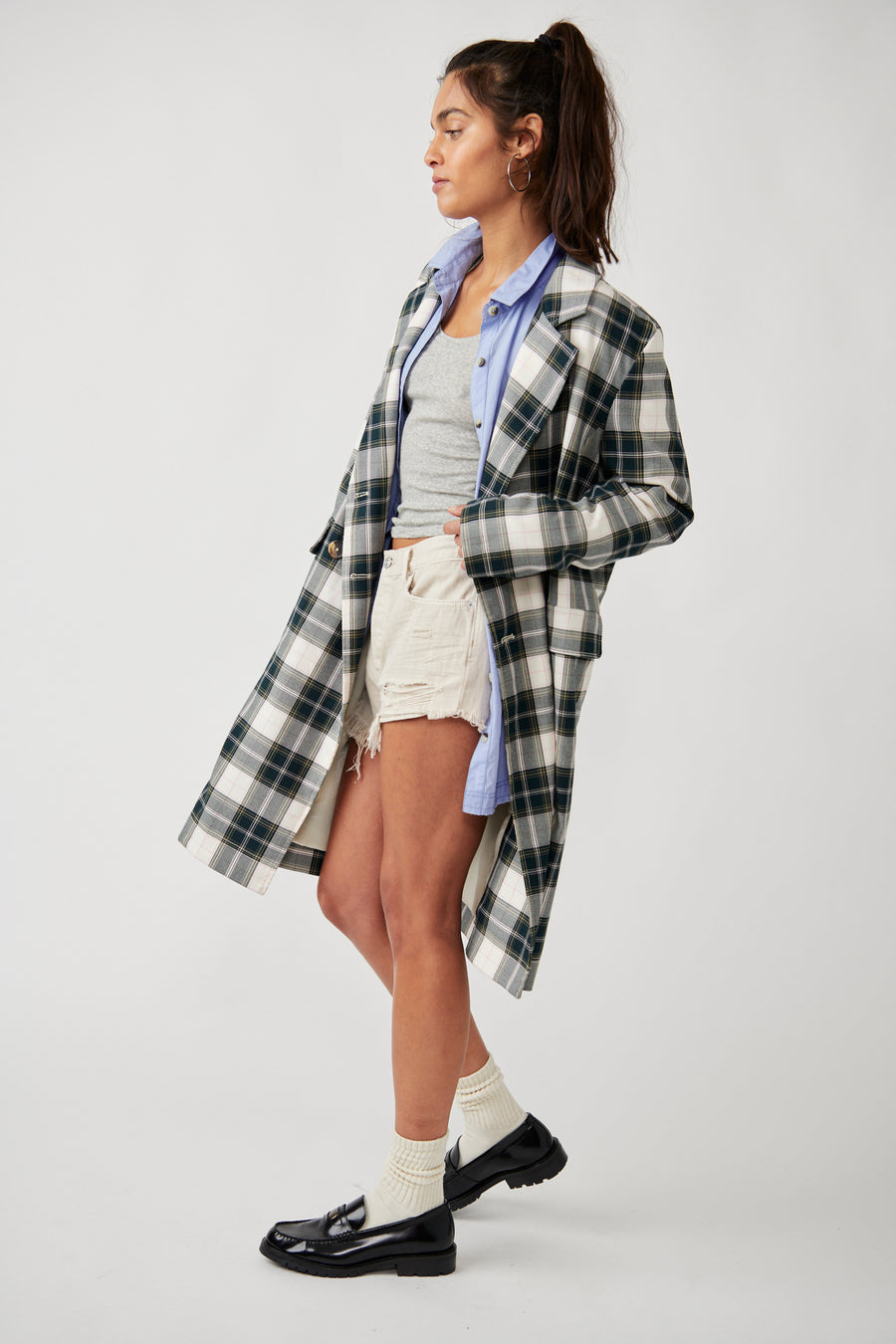 Free People Freddie Longline Blazer Plaid - Green Plaid