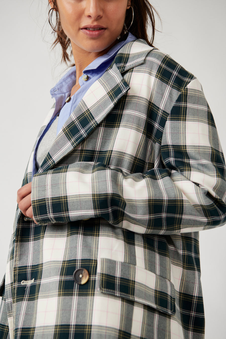 Free People Freddie Longline Blazer Plaid - Green Plaid