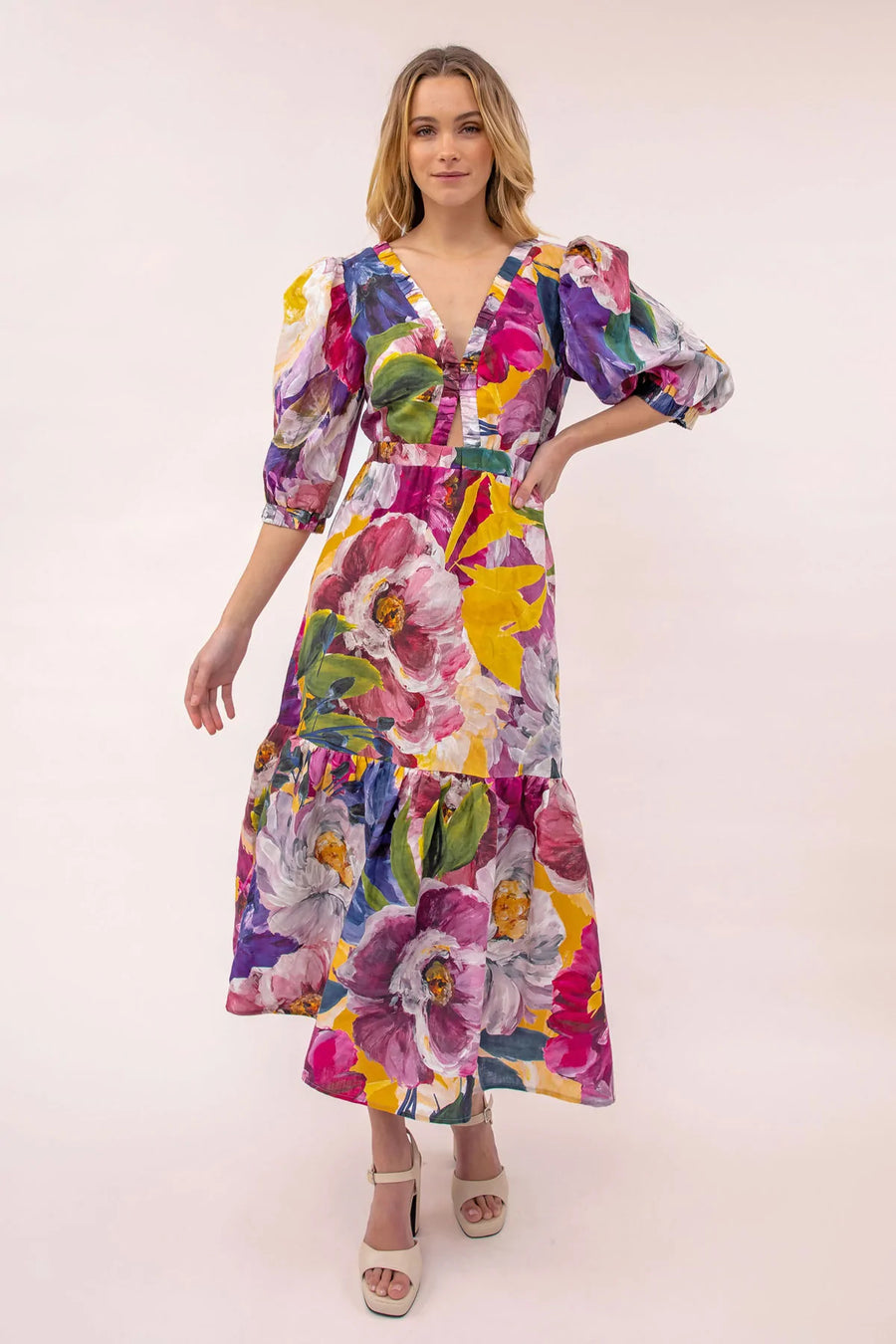 Kachel Juniper Puff Sleeve Keyhole Maxi Dress - Blossom