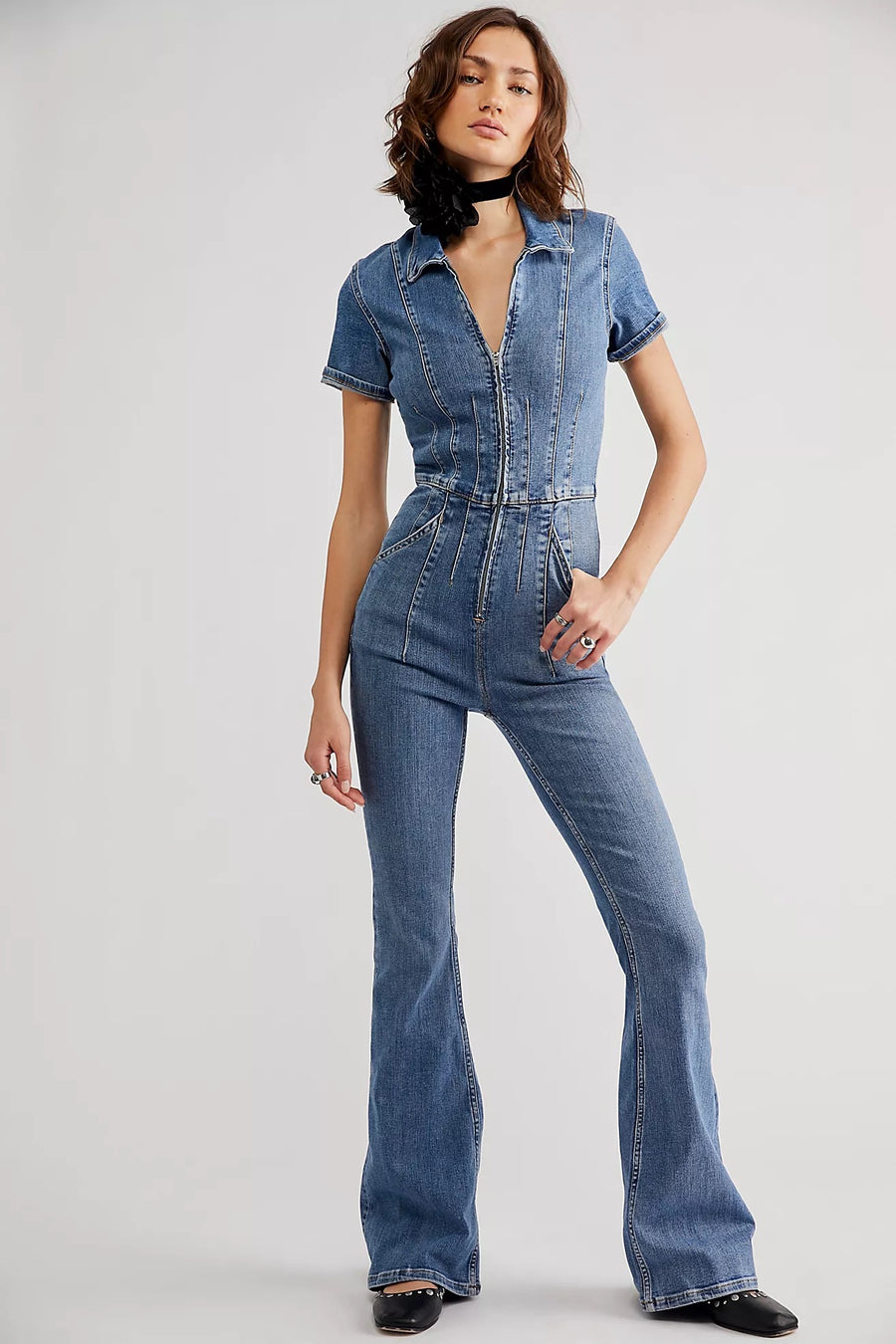 Free People Jayde Flare Jumpsuit - Sunburst Blue