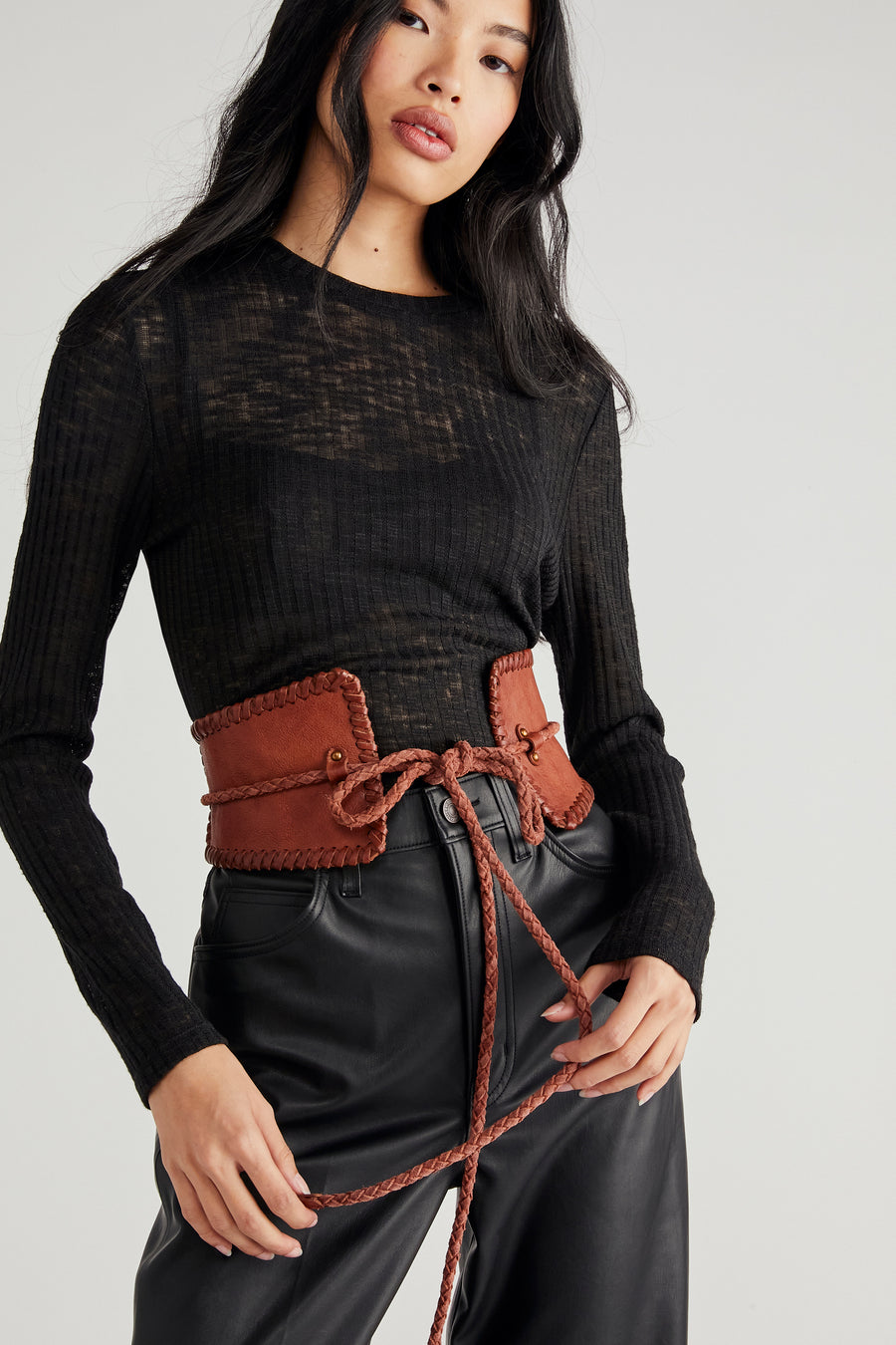 Free People Selena Leather Corset Belt - Cognac