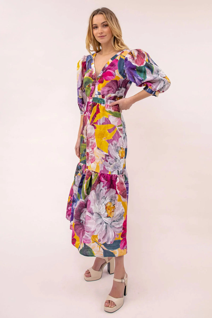 Kachel Juniper Puff Sleeve Keyhole Maxi Dress - Blossom