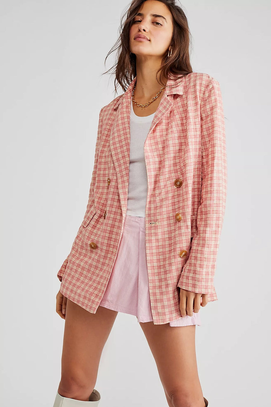 Free People Olivia Gingham Blazer - Pink