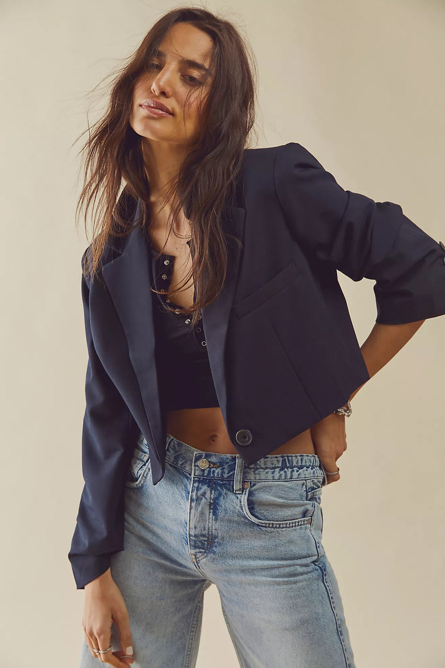 Free People Block Party Crop Blazer - Black